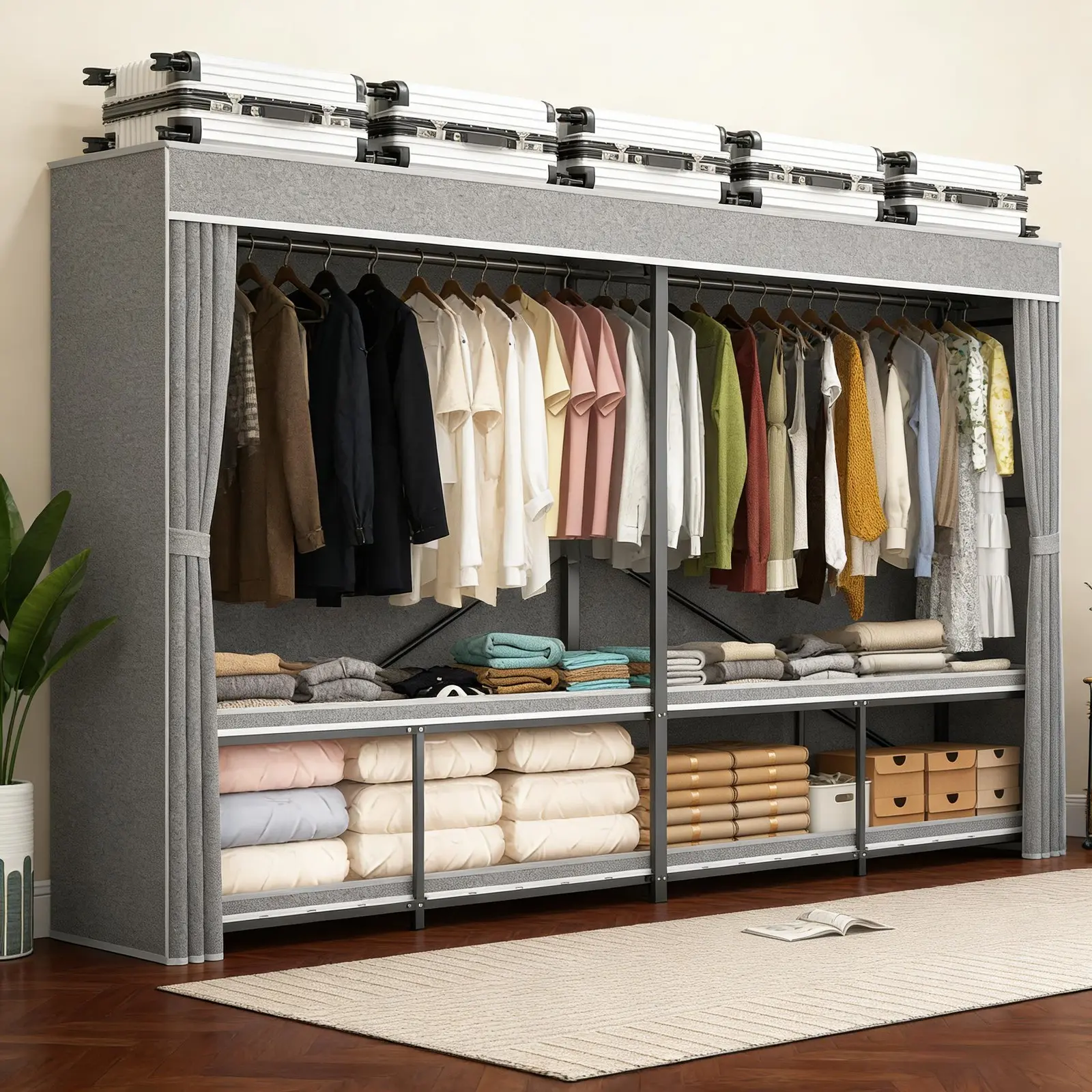 71" Metal Foldable Garment Rack w/ Cover Clothes Rack Freestanding Closet