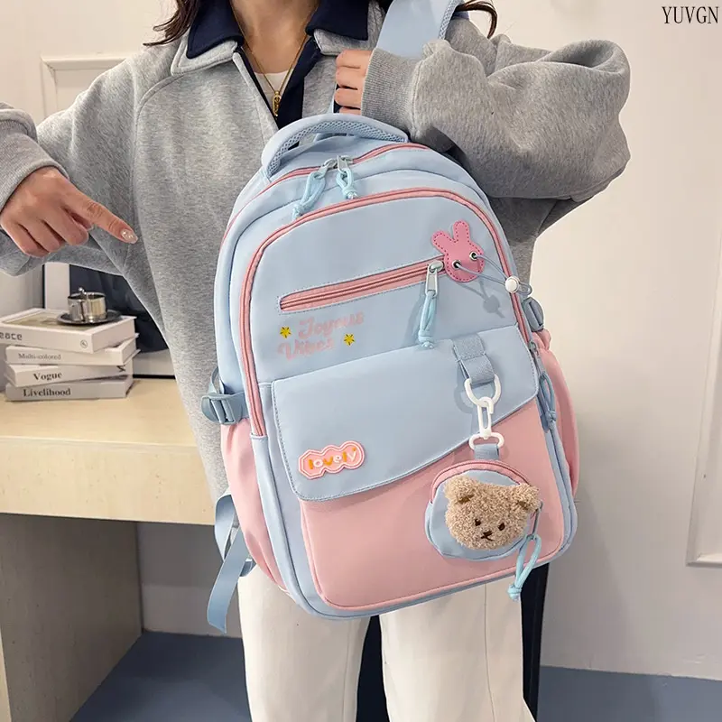Color‑block Multi‑pocket Student Backpack, Cute Accessory Pendant Decor Daypack, Large‑capacity Casual School Bookbag