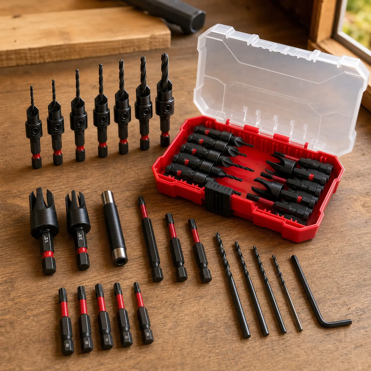 22PCS Countersink Drill Bit Set with Plug Cutters, Dual-Flute Flat Head Bits Sizes #4 #6 #8 #10 #12, Nitrided HSS, S2 Screwdriver Bits, Magnetic Holder, Storage Case