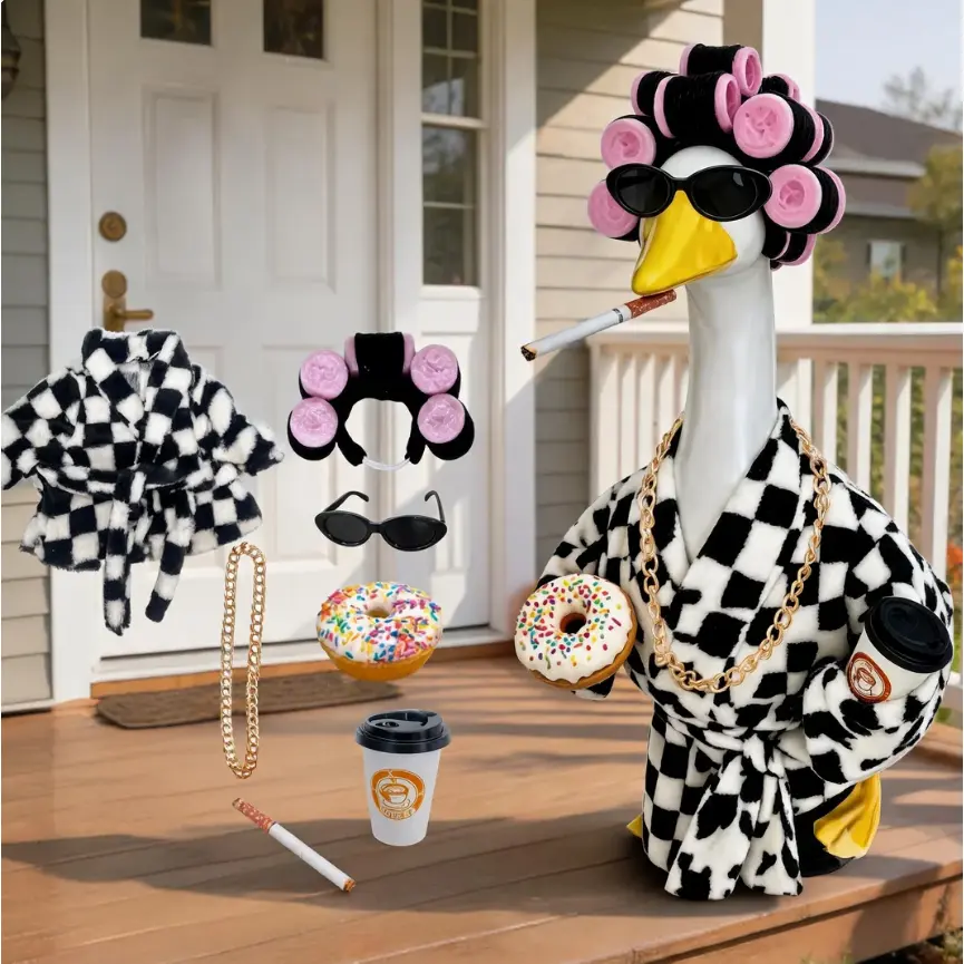 20" Plastic Goose Outdoor Costume Set, Complete Matching Clothes Kit with Stylish Checkered Outfit, Hair Wig, Glasses & Coffee Accessories, Unique Home Lawn Decoration, Complete Kit