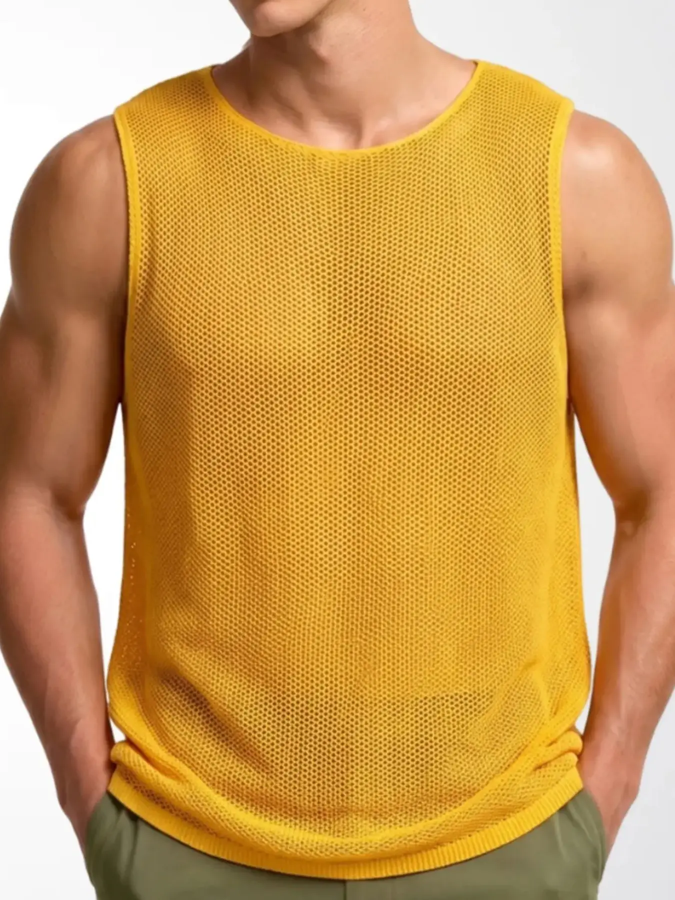 Men's European Summer Sports Tank Top, Elastic Mesh Hollow Out Knit Blouse, Casual Breathable Shirt for Men, Comfortable Fashion Wear