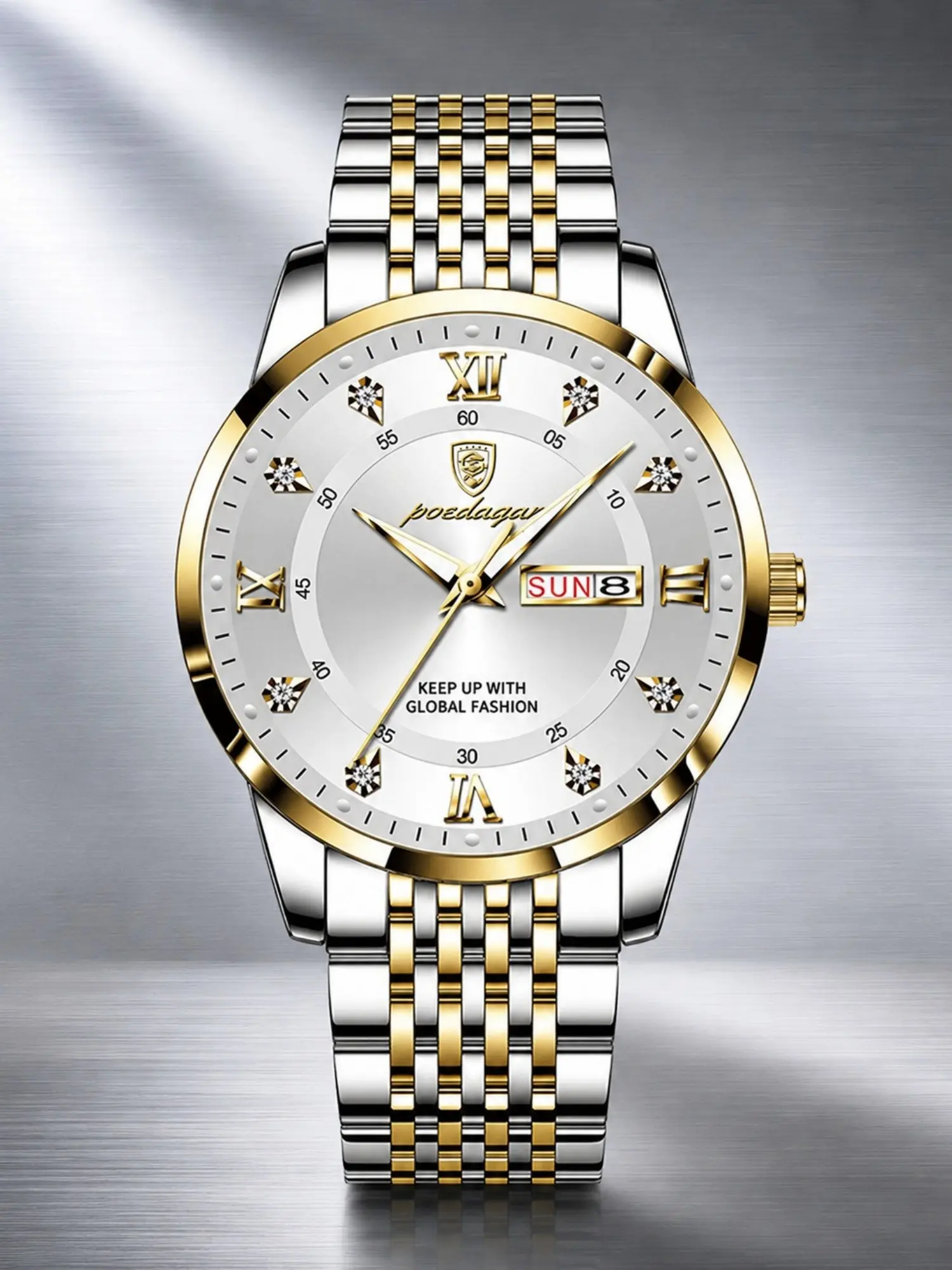 Business Men's Quartz Watch  Gold Tone Case  Dial  Roman Numerals  Diamond Bezel  Calendar Display  Stainless Steel Band  Waterproof Quartz Analog Wristwatch