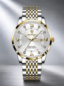 Business Men's Quartz Watch  Gold Tone Case  Dial  Roman Numerals  Diamond Bezel  Calendar Display  Stainless Steel Band  Waterproof