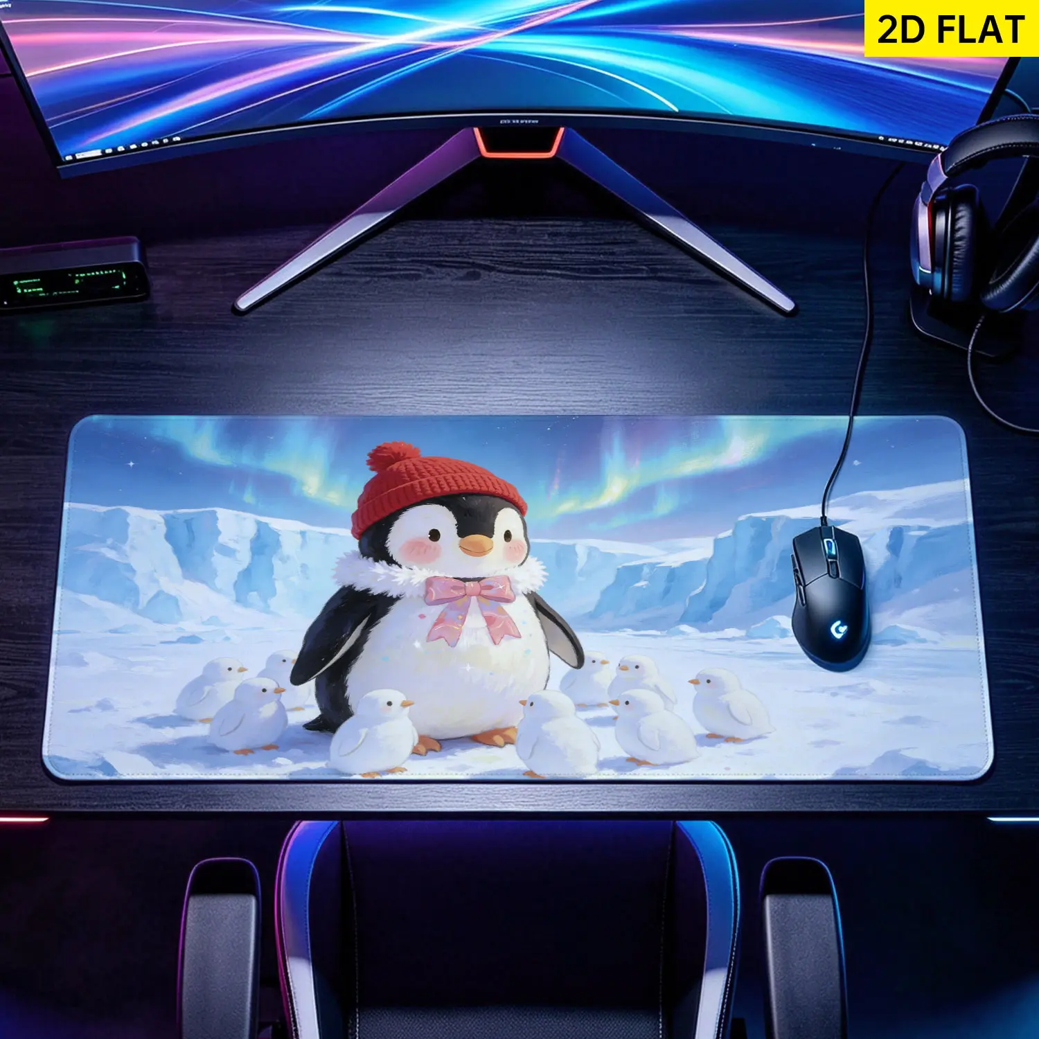 Extra Large cute penguin with aurora landscape Mouse Pad,Non Slip Rubber Pad,Desktop Decoration Drotection Pad,Washable,Lock Edge Multi Size,Premium Multipurpose Mousepad For Office,Home,Gift for Family and Friends