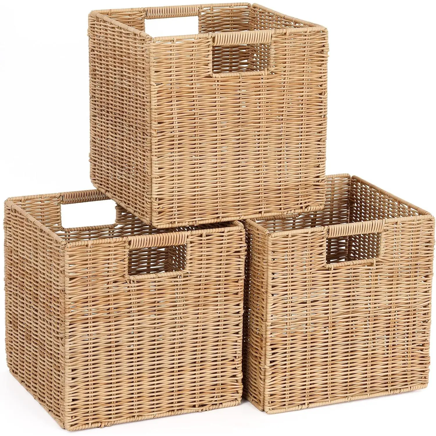10.5 x 10.5 in Plastic Wicker Baskets for Cube Storage, Collapsible Square Wicker Storage Basket Set of 3, Rattan Storage Cube, Square Baskets for Shelves - Khaki
