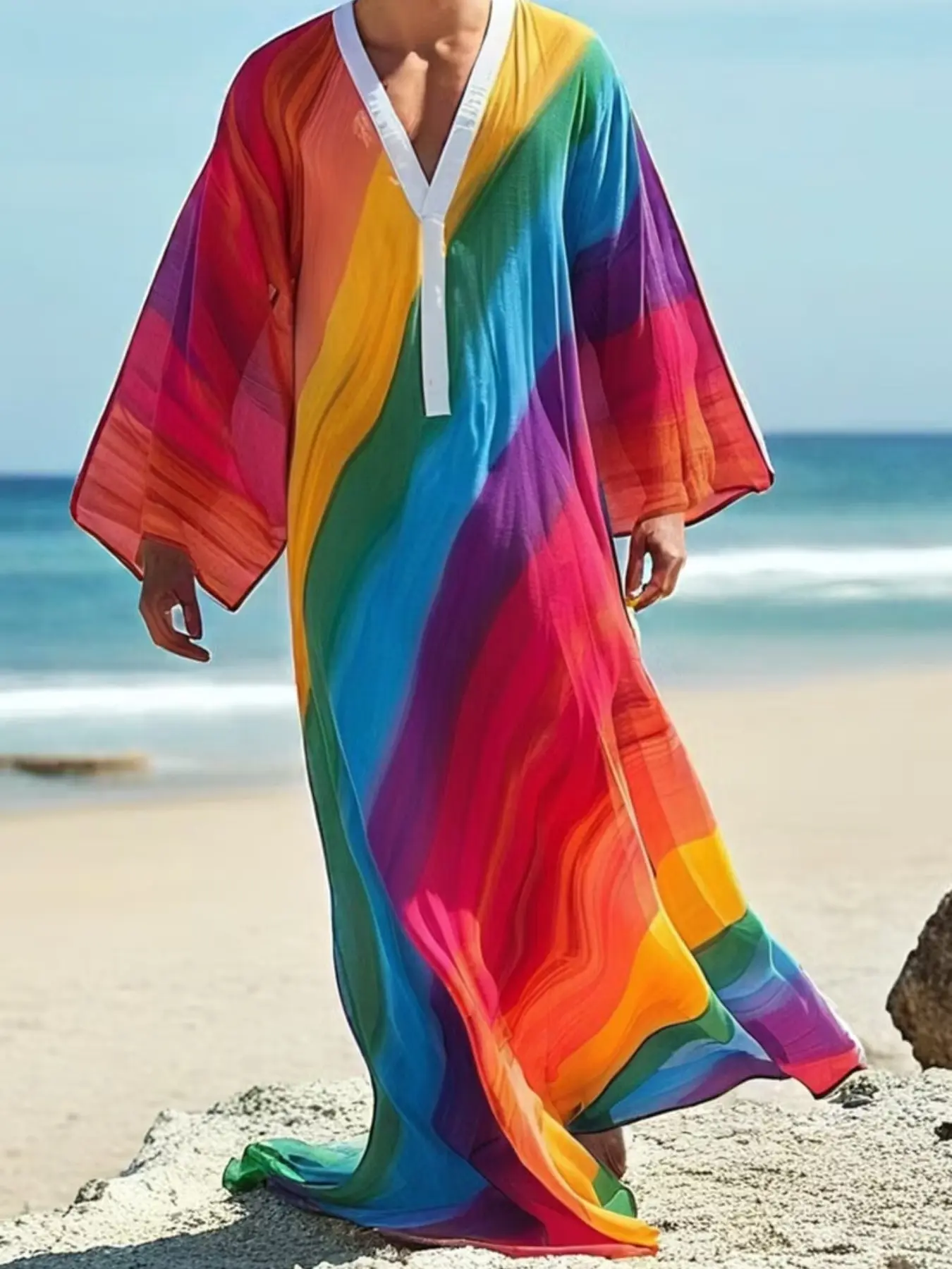 Ainwear Men Rainbow Gradient Print Kaftan, Trim Deep V Neck, Wide Bell Sleeve, Beach Cover Up Maxi Dress, Long Robe