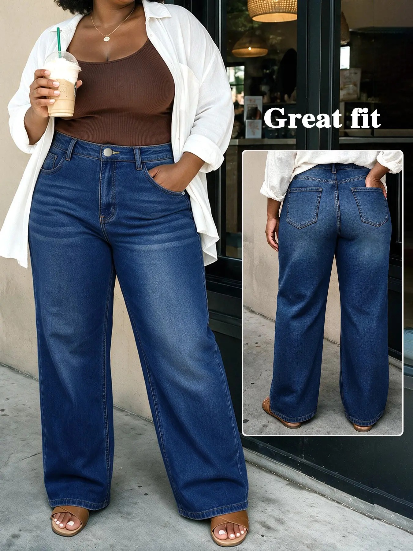 Women's Loose-Fit Wide Leg Jeans, Blue Gradient Cat Hair Washed Waist Classic Five Pockets, Elastic Stretch, Office Wear, All Seasons