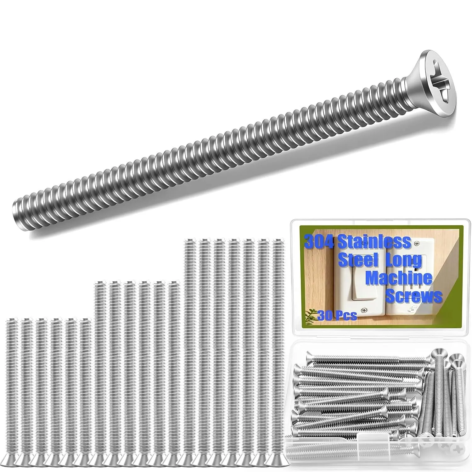 /30PCS Machine Screws #6-32x1-1/2",/4",2" Extra Long Outlet Screws 304 Stainless Steel Phillips Flat  Electricians Screws for Knob and Pull Installation,Cabinet Door and Drawer Screws