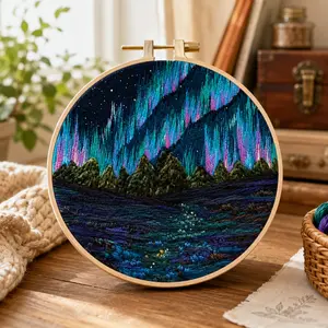Adult DIY Embroidery Kit, Aurora Mountain Wild Pattern, Includes Pre-Printed Fabric, Needles, Threads, Frame, Perfect for Gifts