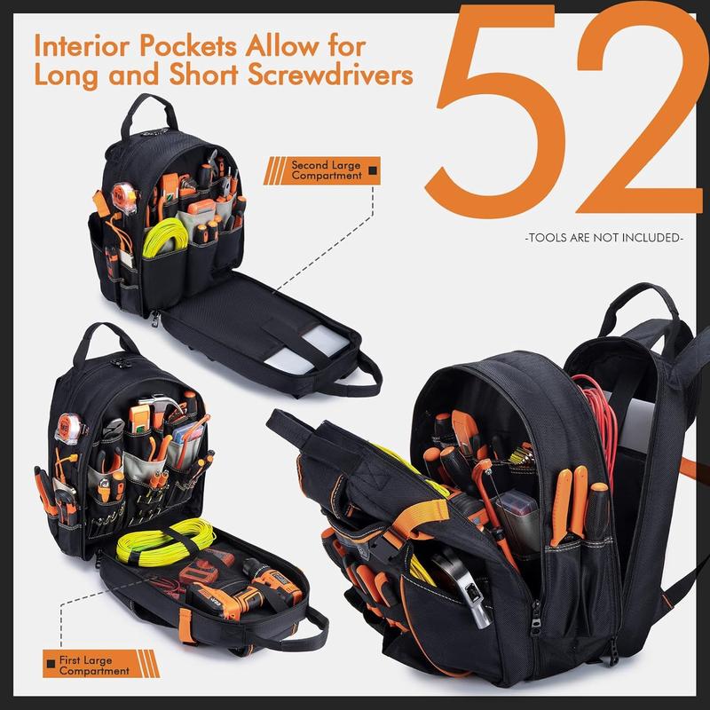 52 Pockets Tool Bag Backpack for Men Tool Backpack Heavy Duty Storage Organization Tool Bags Heavy Duty with Molded Base for Electrician Repairman Industrial & Construction Work Black 52 Pockets Tool Bag Backpack for Men Tool Backpack Heavy Duty Storage Organization Tool Bags Heavy Duty with Molded Base for Electrician Repairman Industrial & Construction Work Black