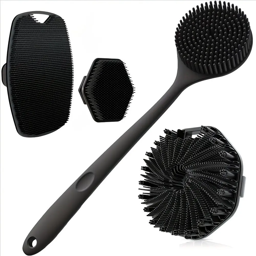 4pcs Bath Brush Set, Soft Exfoliating Long Handle Body Brush, Silicone Bristles, Back, Face, Full Body, Scalp Massage, Dead Skin Removal, Non-Slip Handle