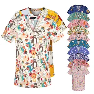Printed nurse uniform, short-sleeved scrub shirt for female doctors, summer thin cotton workwear for housekeeping, beauty, and pet salon, unisex