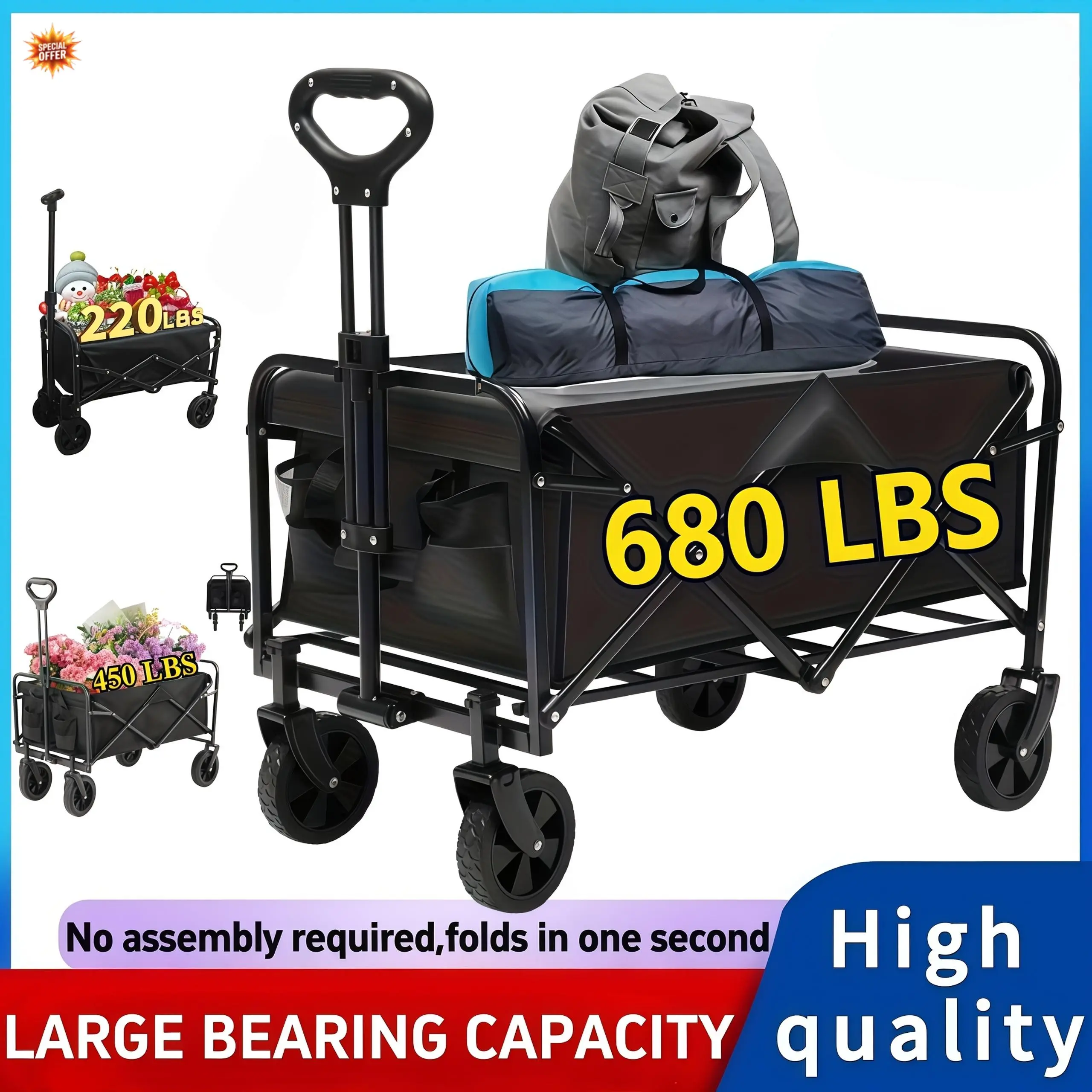 Heavy Duty All Terrain Folding Utility Cart with Large Capacity for Camping, Yard, Shopping, Sports, and Gardening - Black