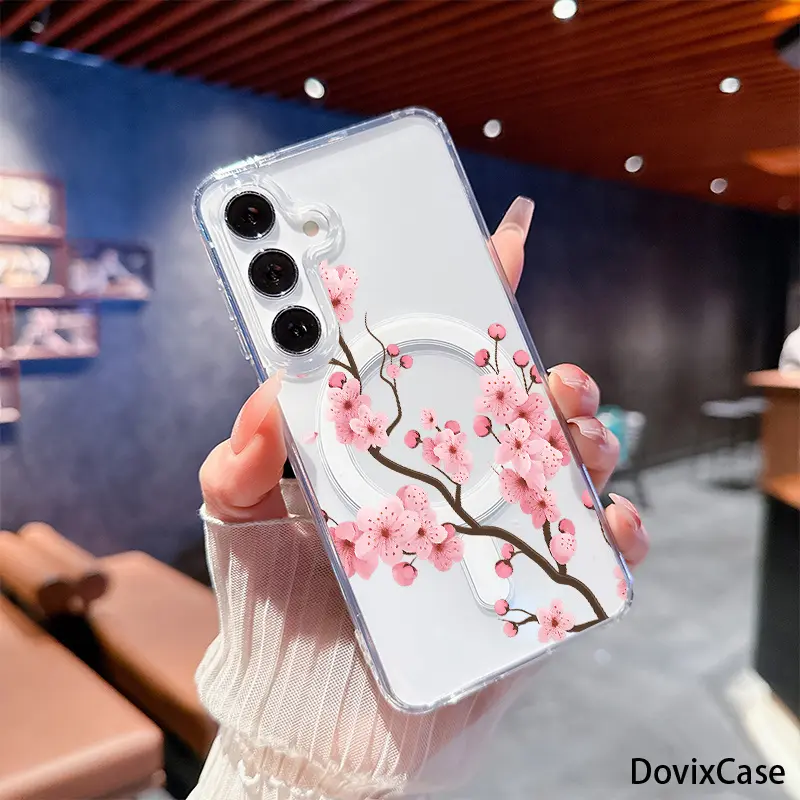 Elegant Cherry Blossom Branch with Blooming Pink Petals HD Clear Shockproof Transparent Acrylic Magnetic Printed Phone Case for  Galaxy S26 S25 S24 S23 S22 S21 S20 Fe Plus Ultra Edge S10E A57 A56 A55 A54 A37 A36 A35 A34 A26 A25 A24 A23 A17 A16 A15