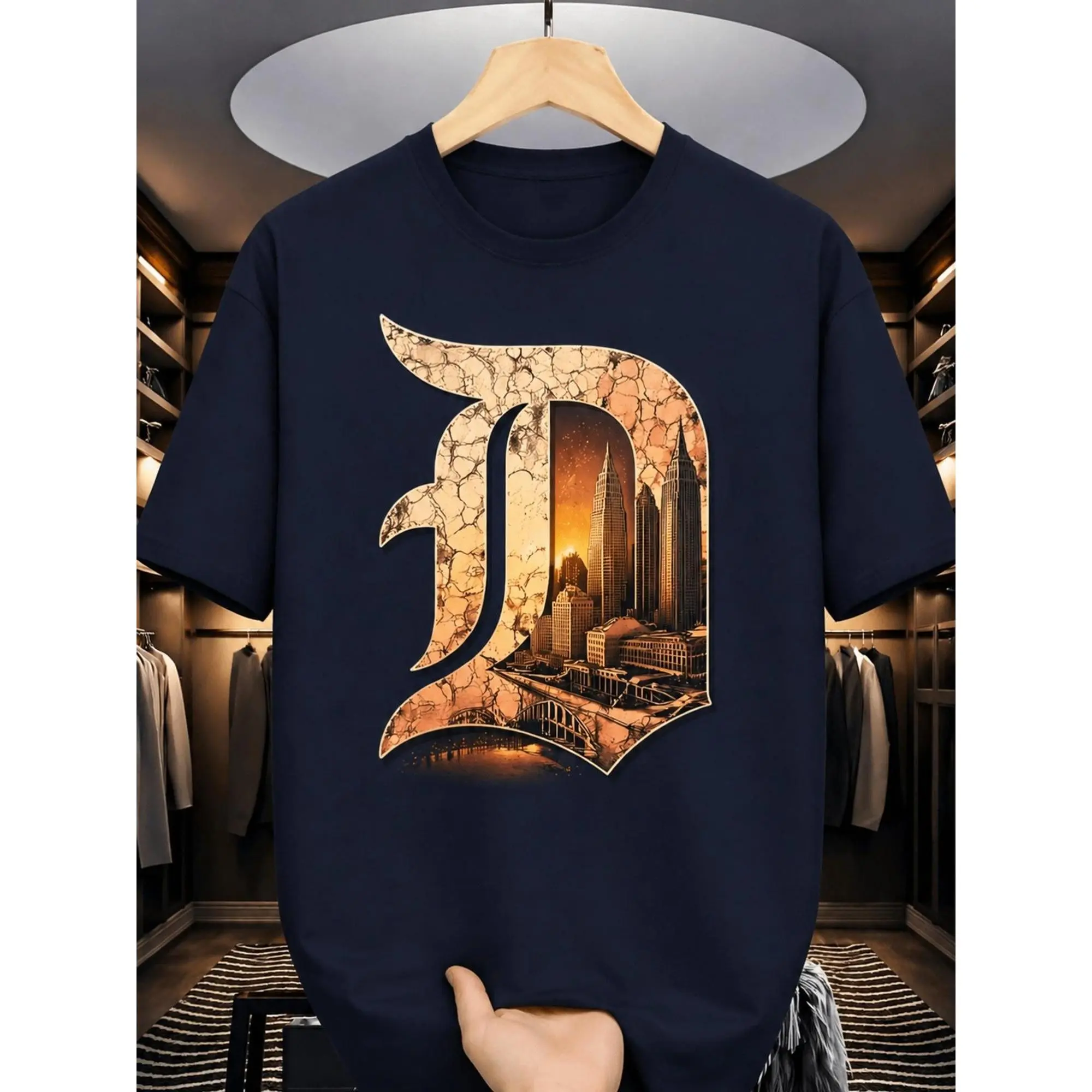 Men'S Detroit Print T-Shirt Plus Size Retro Urban Style Short Sleeve Tee with Detroit Themed, Soft Suitable for Casual Wear, Machine Washable Loose Fit Shirt for Everyday & Layering, Warehouse  PLUS SIZE