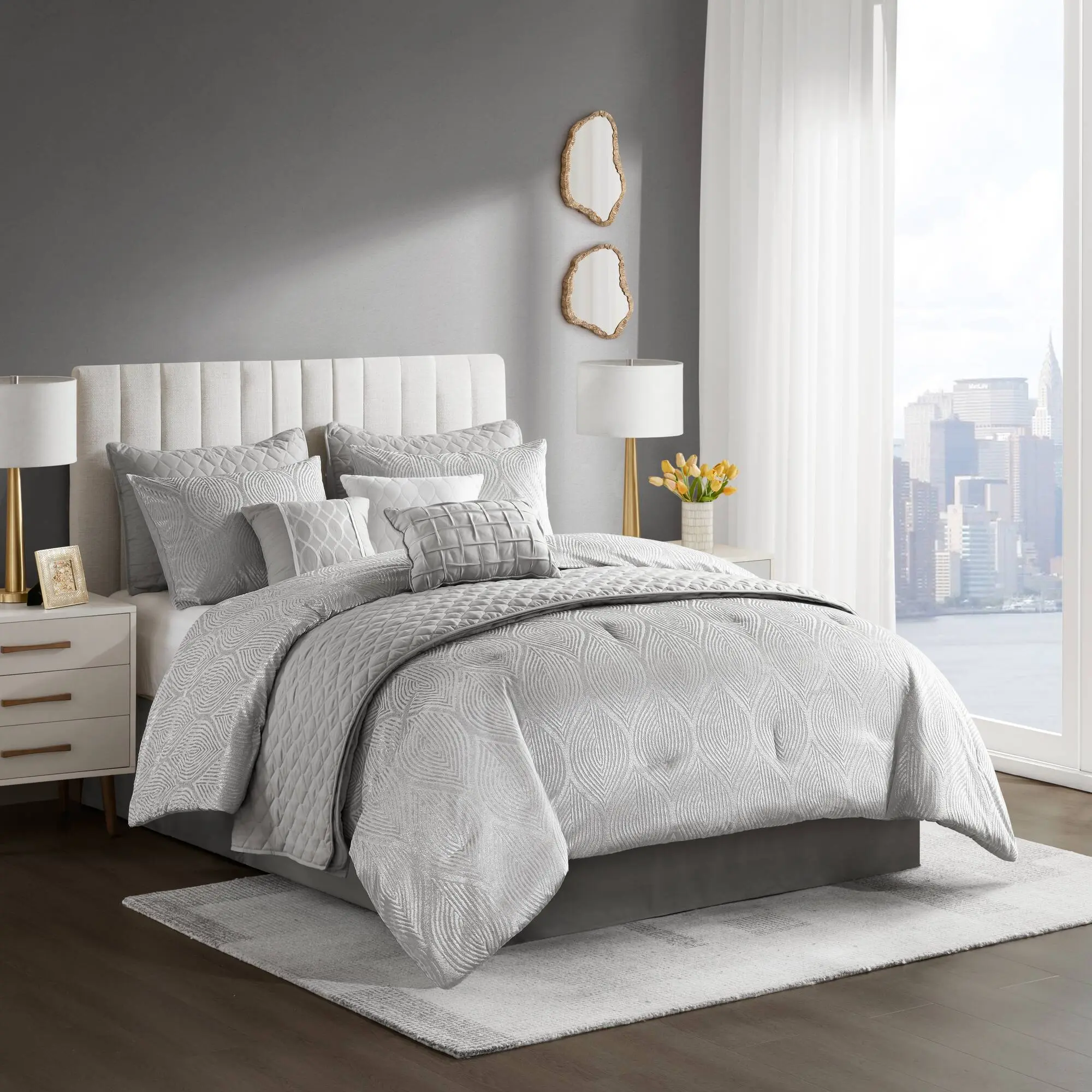 Nokaa 10-Piece Queen Jacquard Comforter Set with Shams, Bed Skirt, Decorative Pillows, Soft Microfiber Fill, Floral Pattern, Machine Washable All-Season Bedding for Master Bedroom or Guest Room