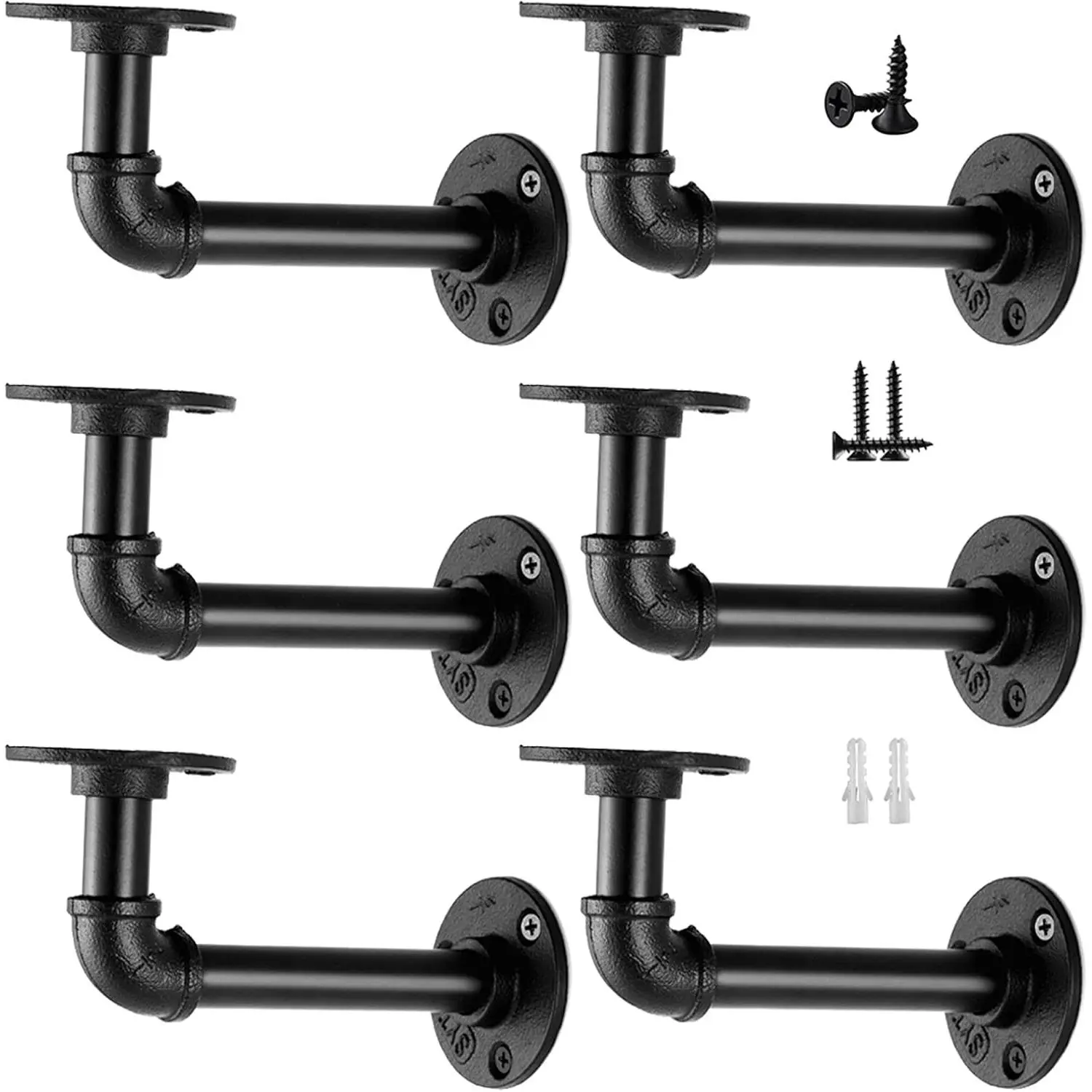 Industrial Pipe Shelf Brackets for 8, 10, 12, 14 Inch Boards, Iron L Pipe Floating Shelves, Heavy Duty Metal Shelving Brackets - 6 Pack BlackGift