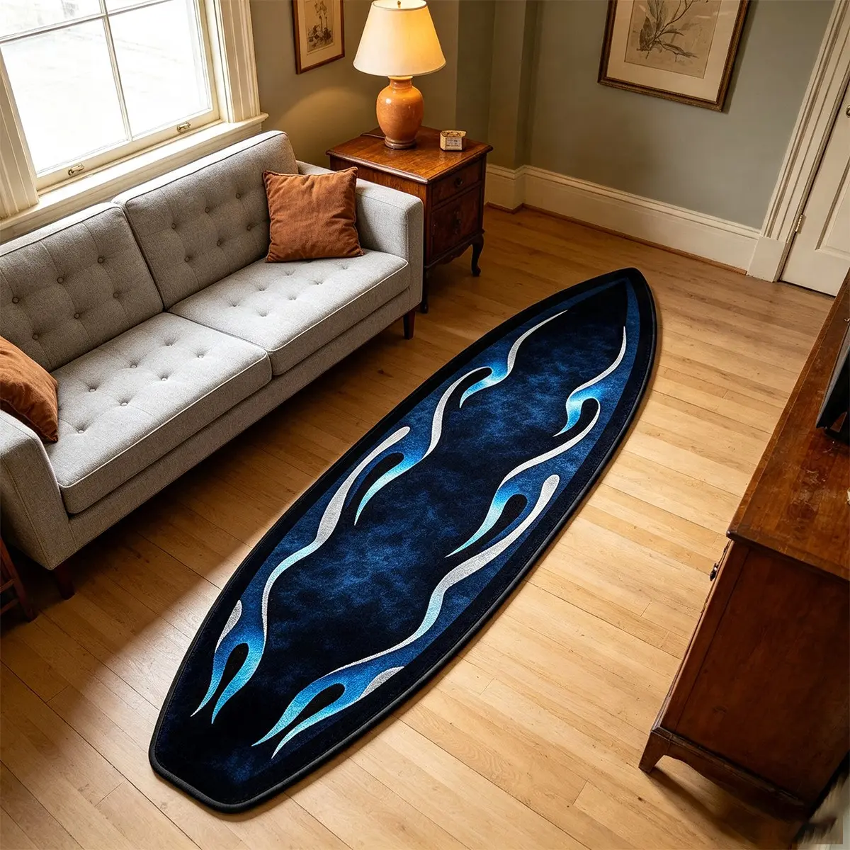 Surfboard Long Rug, Blue Gradient Flame Carpet, American West Coast Motorcycle Style Bedroom Bedside Mat, Hallway Rug, Halloween Gift, Living Room Rug