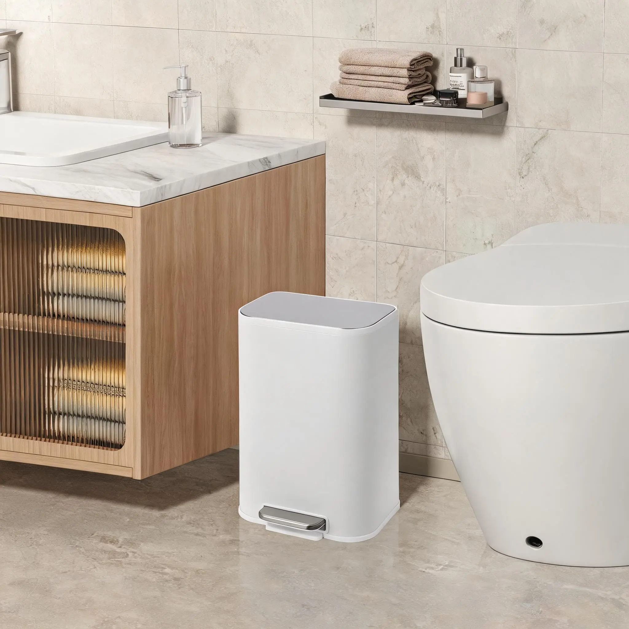 GARVEE 3.2 Gallon Stainless Steel Rectangular Bathroom Waste Bin with Lid, Small Step-On Trash Can Featuring Foot Pedal and Removable Inner Bucket for Kitchen, Bedroom, Restroom in Matte White