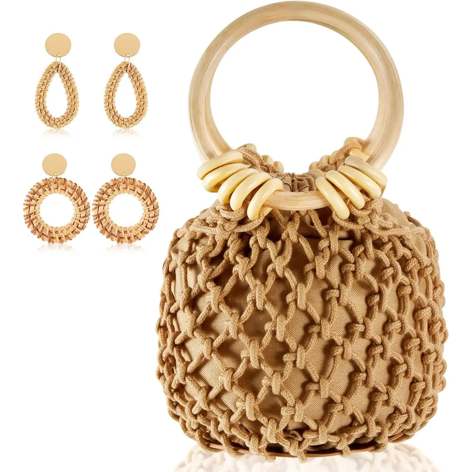 Mini Clutch Tote Handbag 2 Pairs Rattan Earrings for Women Crossbody Bag Bohemian Woven Clutch Bucket Handbag
