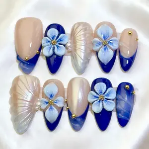 Klein Blue 3D Floral Shell Pattern False Nails, Handmade Wearable Nails, Island Vacation Brightening Style, Single Item Pack