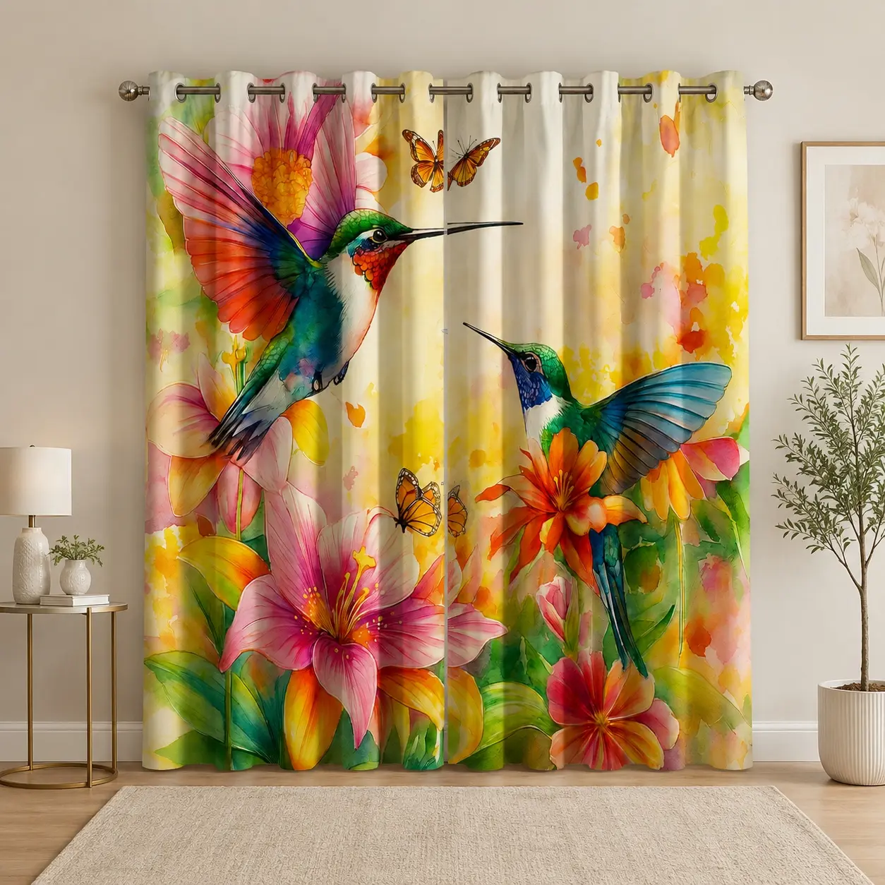 Semi-Sheer Soft Polyester Floral Botanicals Bird Print Curtains - Durable, Dustproof, Fade Resistant, Machine Washable Rod Pocket Drapes for Kitchen/Living Room Summer Home Decor Gift