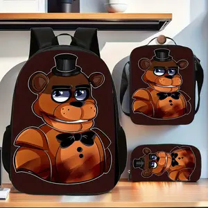 Toy Bear's Midnight Mansion Freddy Backpack Three-Piece Set: Oxford Cloth Large-Capacity Backpack with Crossbody Lunch Bag and Pencil Case, Suitable for Daily School Use and Outdoor Travel