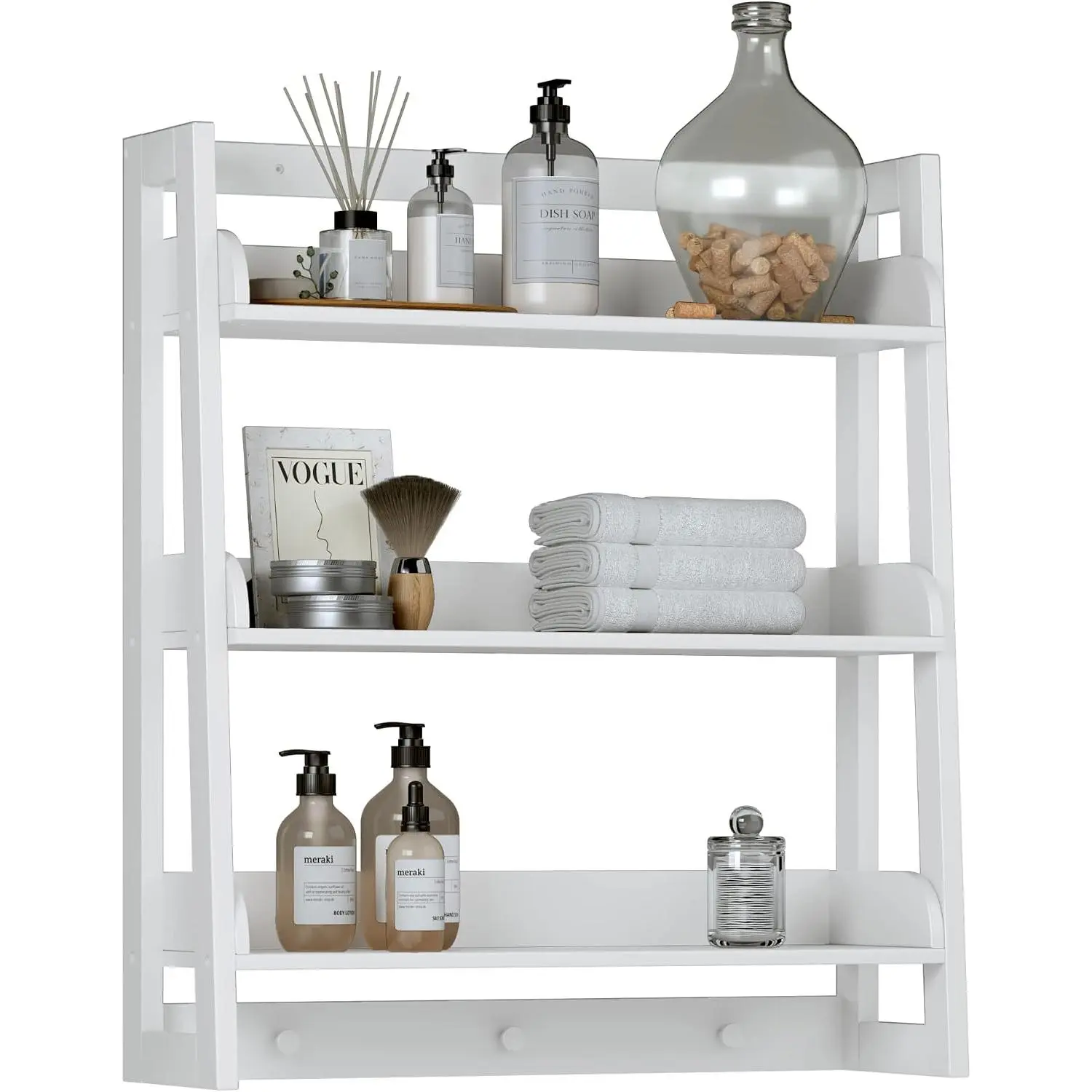 Bathroom Wall Shelf, 3-Tier Wall-Mounted Organizer with Hooks, White | Space-Saving Ladder Design, 3 Fixed Shelves, 3 Hooks, FSC-Certified  for Bathrooms, Kitchens, Bedrooms, and Living Rooms