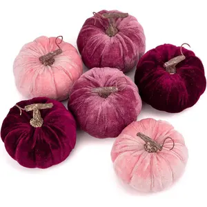 6PCS Velvet Fake Pumpkins Decoration for Home, Fake Pumpkin Decor for Autumn Harvest Thanksgiving Halloween Party Baby Shower, Table Centerpiece Mantel Decoration, 4 Inch, Purple/Burgundy/Pink