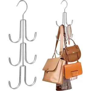 1Pc Black Multi-Tier Rotatable Purse Hanger, Heavy-Duty Closet Storage Rack with multi hooks, ideal for organizing handbags, purses, belts and scarves, practical space-saving closet organizer for wardrobe storage.