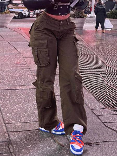 Women's Plain High-Waisted Cargo Pants with Pockets and Drawstring, Fashion Y2K K-Pop Style Streetwear Trousers for Daily Wear, Ladies' Baggy Pants for Fall & Winter