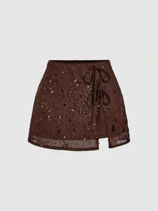 Women's Fashion Comfort Elegant Sequin Lace Faux Drawstring Split Design Skirt, Stylish Half-Length Dress for Casual & Formal Wear