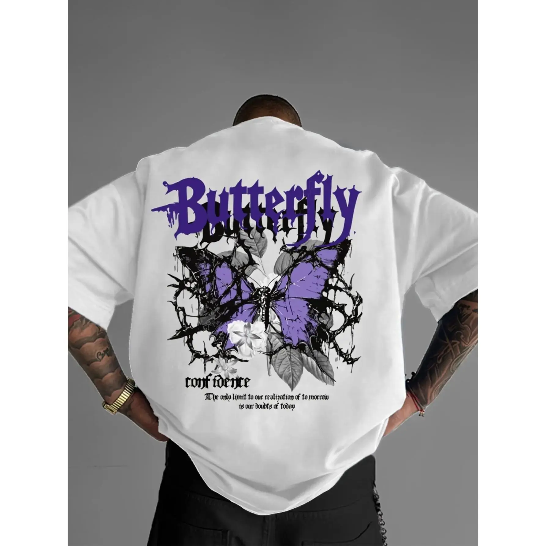 Men's Y2K Purple Butterfly Graphic T-Shirt - Oversized Relaxed Fit, Breathable Summer Casual Tee with Round Neck, Machine Washable for Home, Outdoor & Festive Occasions, Home Comfort Wear