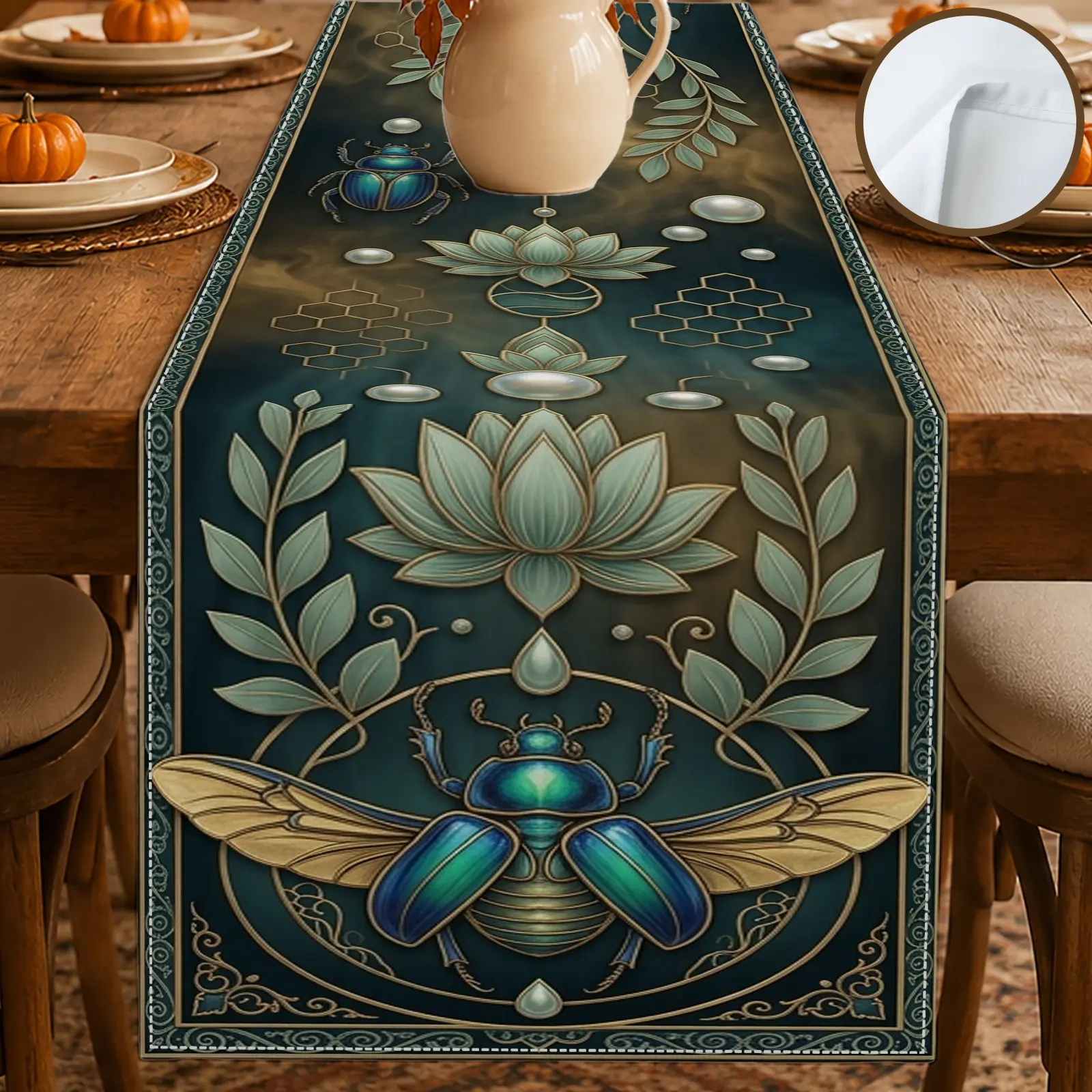 1pc Beetle Floral Honeycomb Table Runner, Vintage Boho Style, Decorative Border and Watercolor Style Print, for Dining Table Home Decor Kitchen Decor Seasonal Table Decor