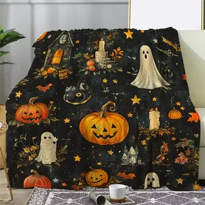 Vintage Halloween Ghost Pumpkin Digital Knit Print Flannel Throw Blanket, Baby Blankets and Adult Blankets, Cozy Soft All Season Versatile Cover, Multi-Size Seasonal Bedding For Couch, Bed, Office Lounge & Road Travel, Spooky Fall Home Decor, Ideal Birthd