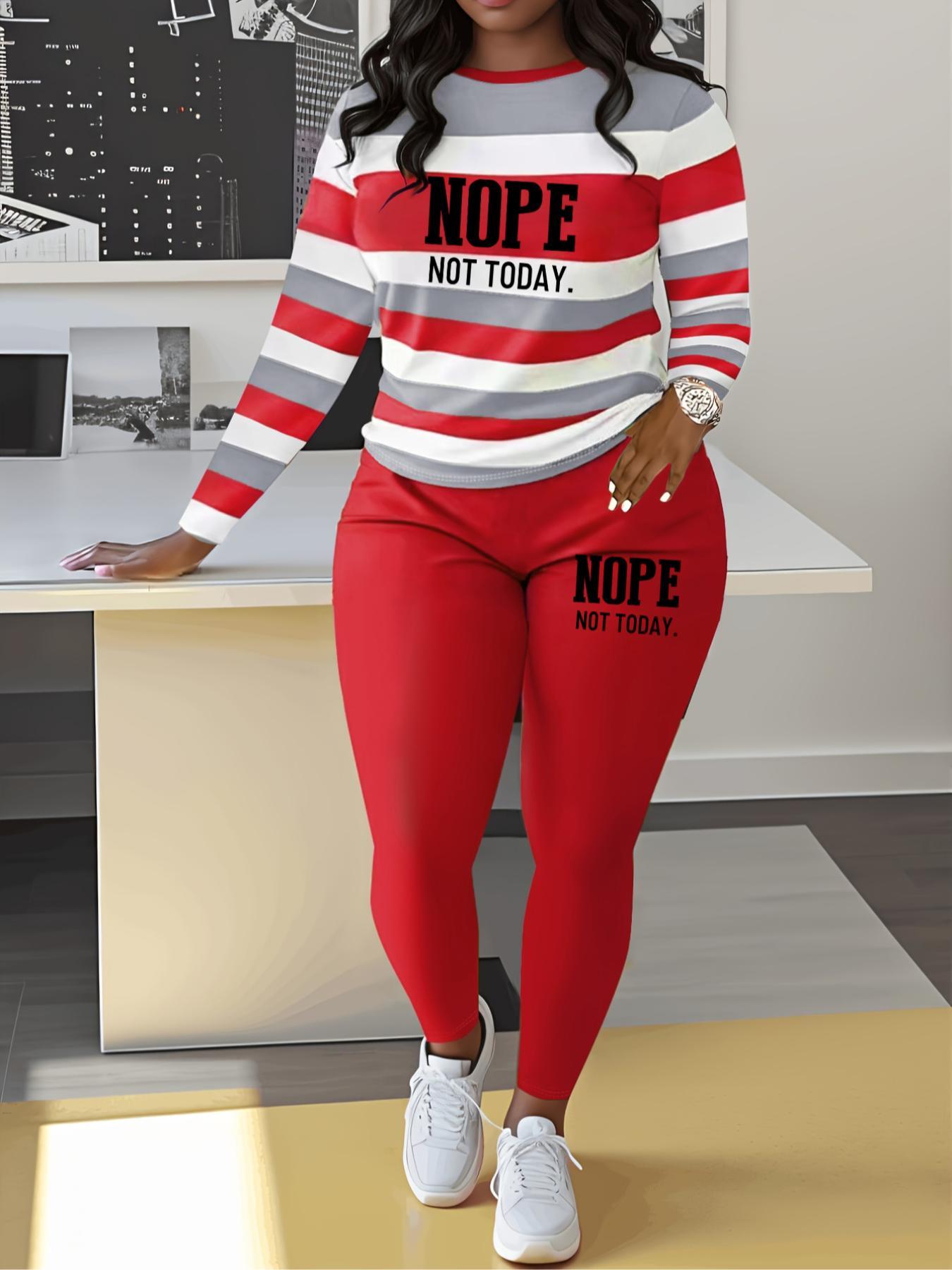 Two-piece Set Women's Striped and Letter Print Tee & Elastic Waist Pants, Casual Long Sleeve Top & Trousers for Spring & Fall, Women's Clothes for Daily Wear, Casual Outfits Women, Casual Lounge Set
