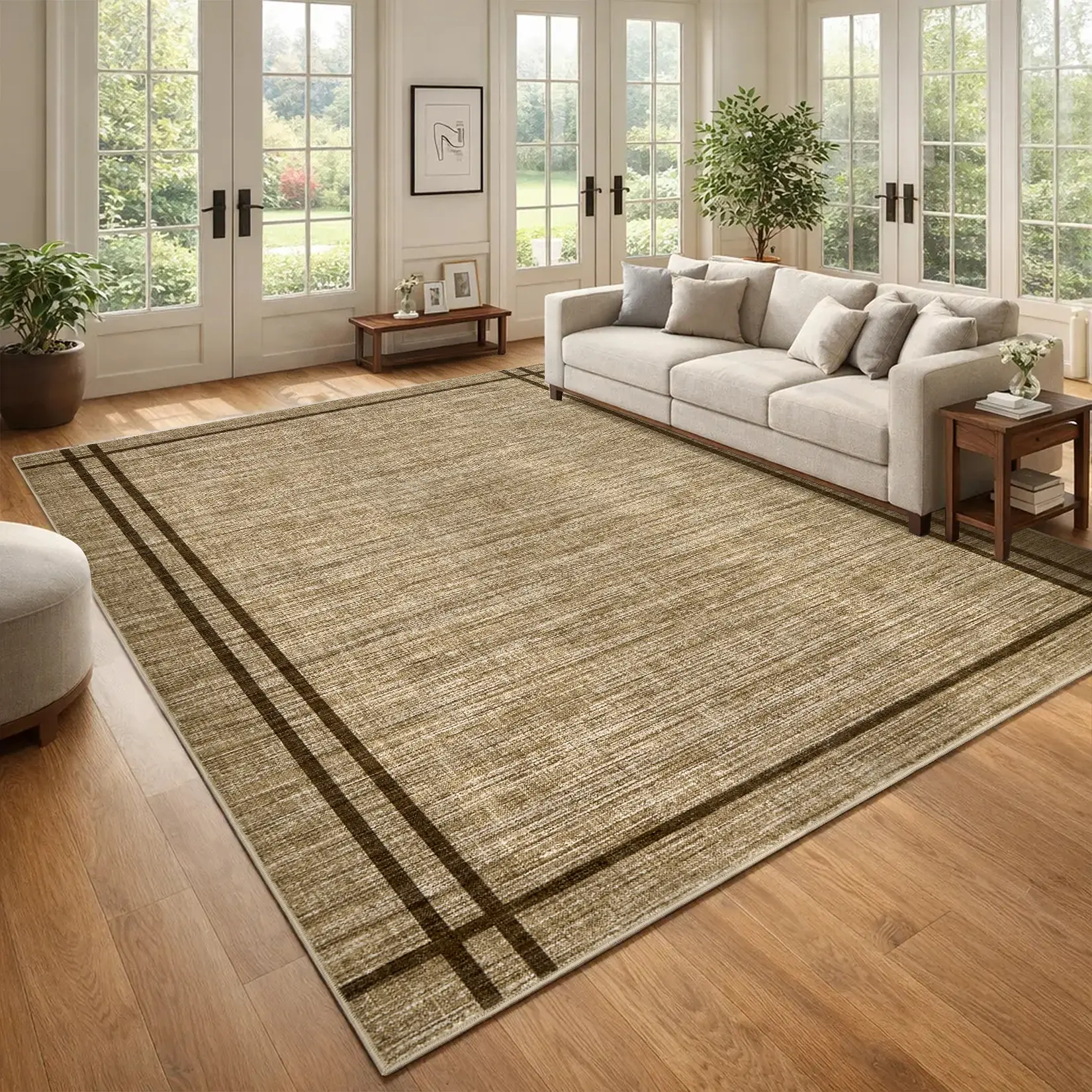 Modern Washable Area Rug Minimalist Bordered Low Pile Non Slip Floor Carpet for Living Room Bedroom Nursery Neutral Soft Indoor Throw Rug