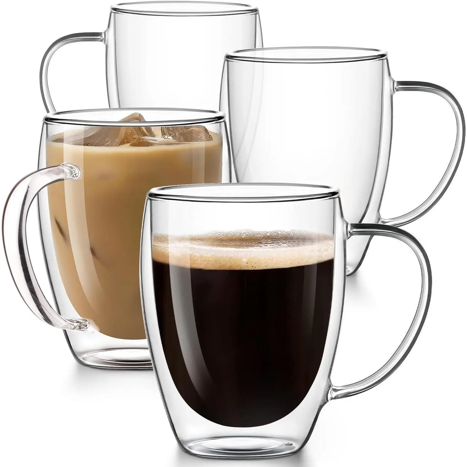 Double Walled Glass Coffee Mugs Set of 4, 12.5OZ Hand Blown Insulated Clear Glass Coffee Cups with Handle,Perfect for Latte,Cappuccino, Espresso, American,Tea Bag, BeverageGift