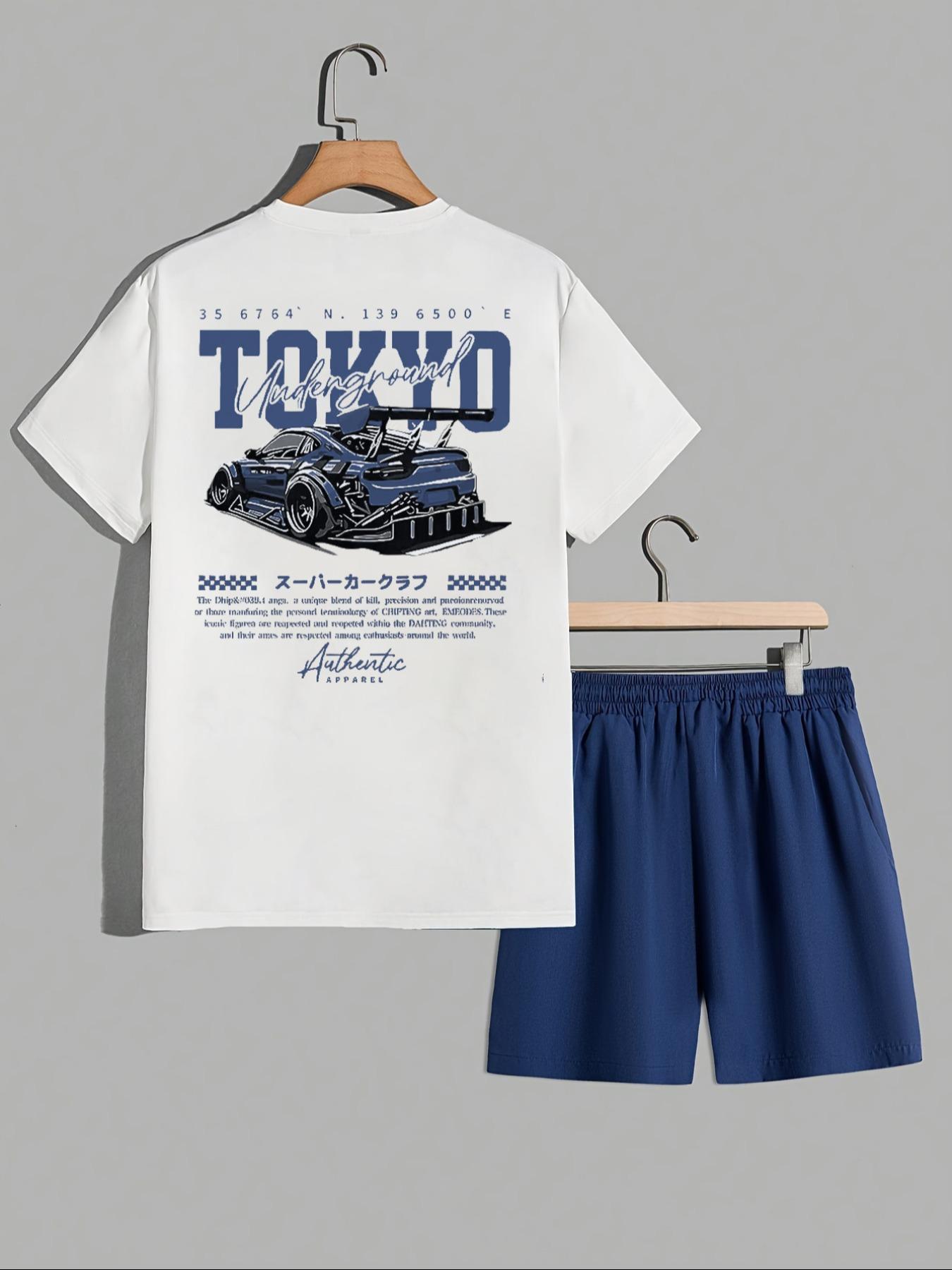 Two-Piece Set Men's Car Print Tee & Shorts, Regular Fit Casual Round Neck Short Sleeve T-shirt & Track Shorts, Men's Summer Clothes