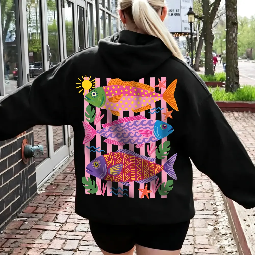 Colorful Tropical Fish Graphic Hoodie Vintage Coastal Aesthetic Sweatshirt Unisex Heavyweight Cotton Pullover Striped Ocean Graphic Oversized Hoodie Top