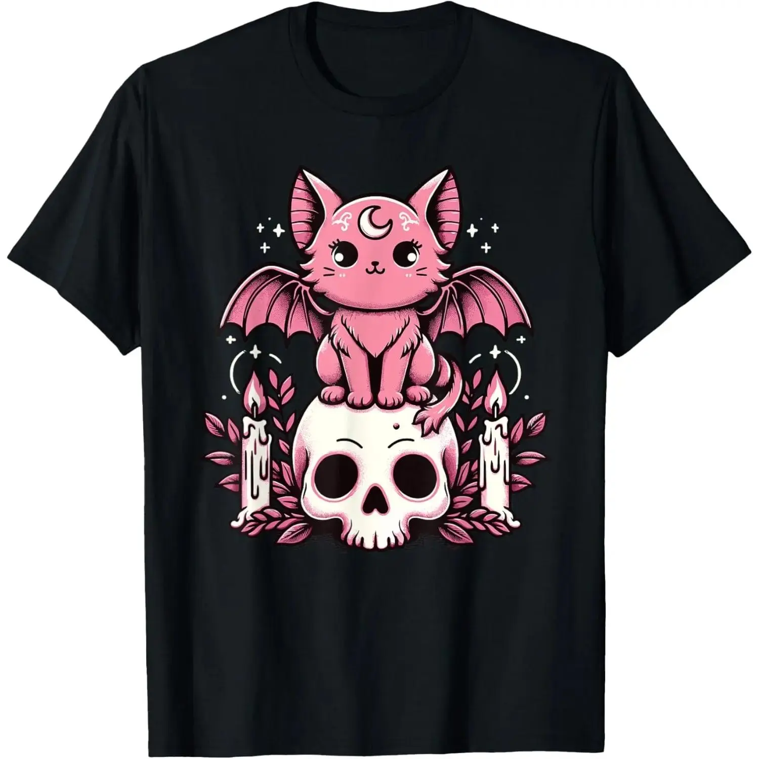 Menswear Streetwear Round Neck Short-Sleeve Casual Everyday Top - Kawaii Pastel Goth Cute Creepy Cat Bat Skeleton Design, Casual Everyday Wear, Tshirt, Alt Outfits, Spooky Men's Short-Sleeve T-Shirts, Pastel Goth Men's Short-Sleeve T-Shirts