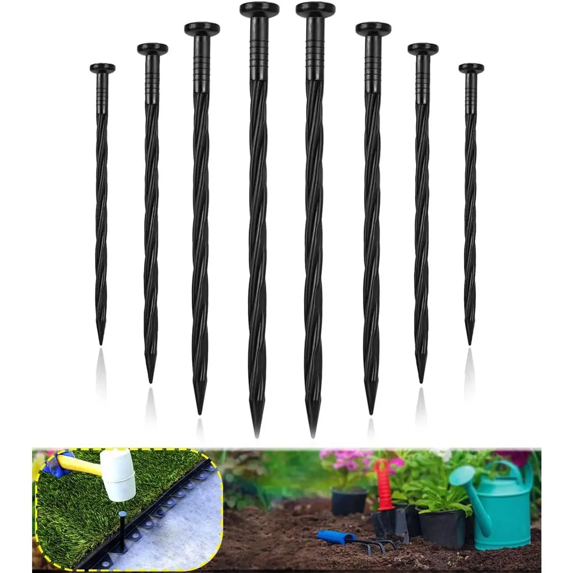 100-Pack 8 Inch Plastic Landscape Stakes, Spiral Nylon Landscape Anchoring Spikes, Edging Spikes for Paver Edging, Weed Barrier, Artificial Turf & More
