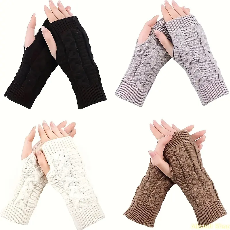 [Women's Thumb Hole Gloves] 4 Pairs Women's Winter Fingerless Gloves Thumb Hole Wrist Warmer Crochet Arm Warmer Hand Gloves Men