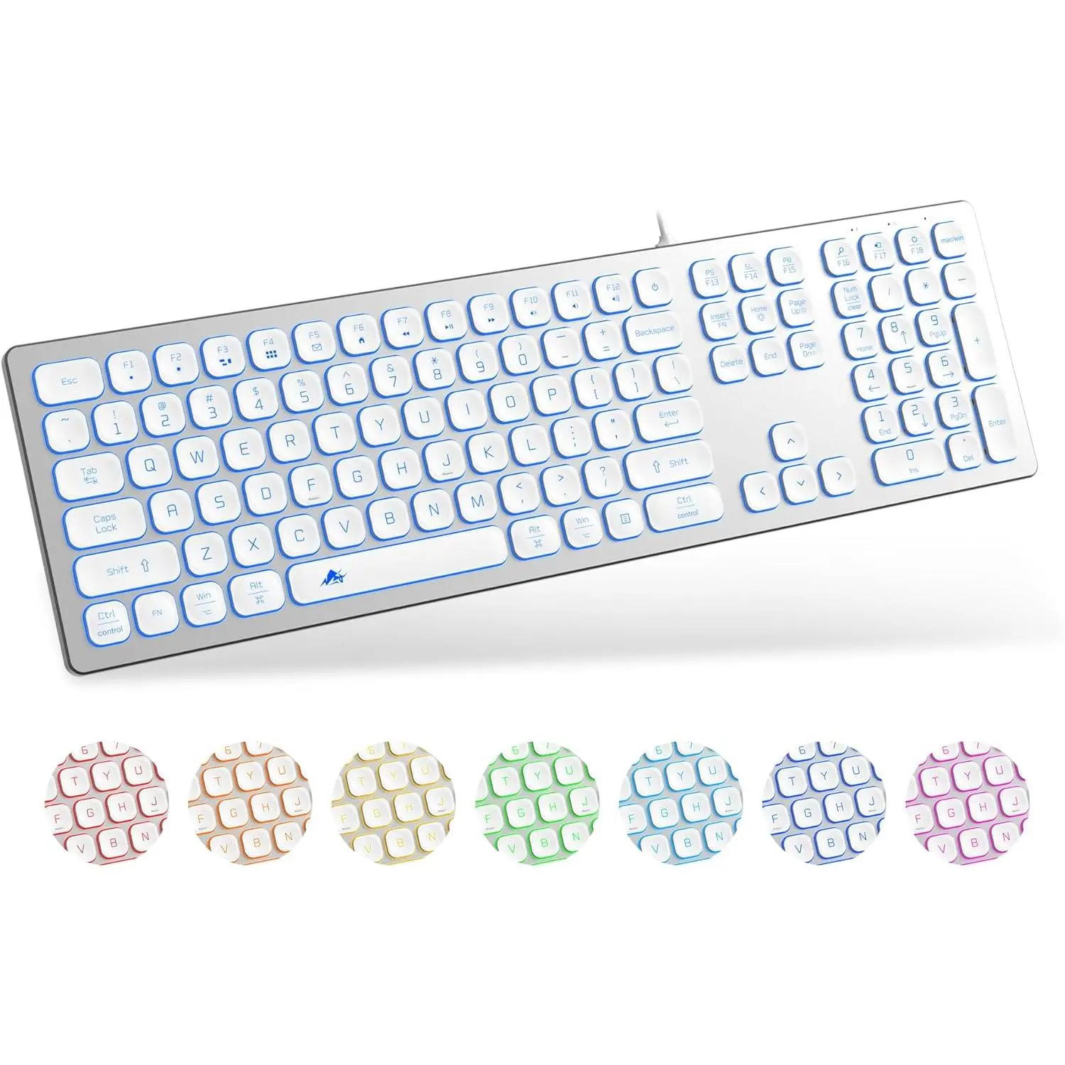 Quiet Wired Keyboard Backlit- Slim Chiclet Key Compatible with  iMac, MacBook,  and PC, USB Keyboard Numeric Keypad RGB Lighted Key -  White