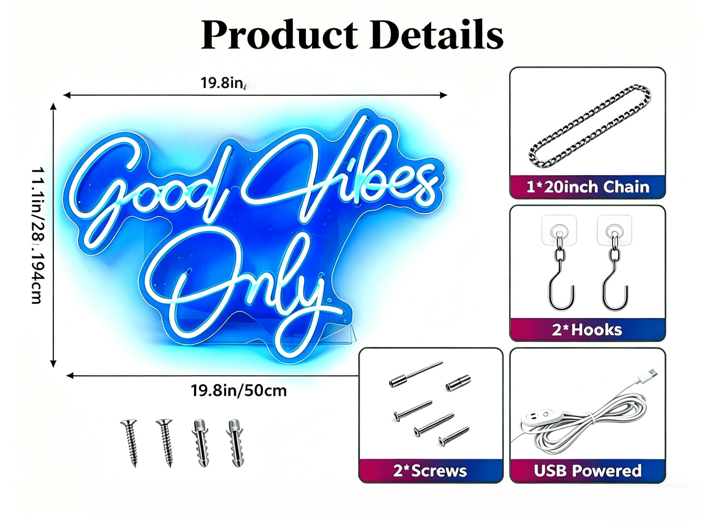 Good Vibes Only Neon Sign, USB Powered Dimmable Ice Blue Cyan LED Neon Light, Aesthetic Positive Quote Wall Decor for Bedroom Gaming Room Man Cave Home Bar, Motivational Gift for Her Teens Gamers