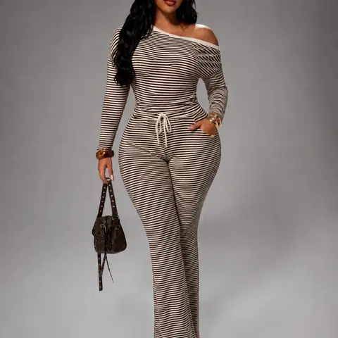 Asymmetrical Neck Long Sleeve T-Shirt + Striped Bell Pants Set, Elegant Cute Resort Casual Home Wear, Plus Size Women's Fall Winter 2-Piece Set Az182