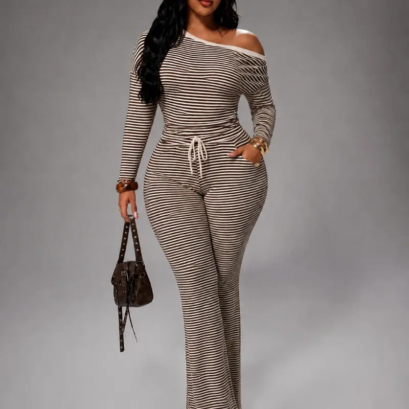 Asymmetrical Neck Long Sleeve T-Shirt + Striped Bell Pants Set, Elegant Cute Resort Casual Home Wear, Plus Size Women's Fall Winter 2-Piece Set Az182