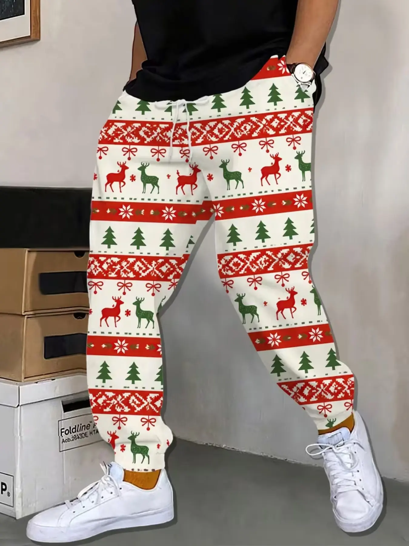 Men's Christmas Theme Printed Jogger Pants, Trendy Holiday Reindeer Tree Jacquard Casual Pants, Fall Winter Fashion Versatile Sports Long Pants