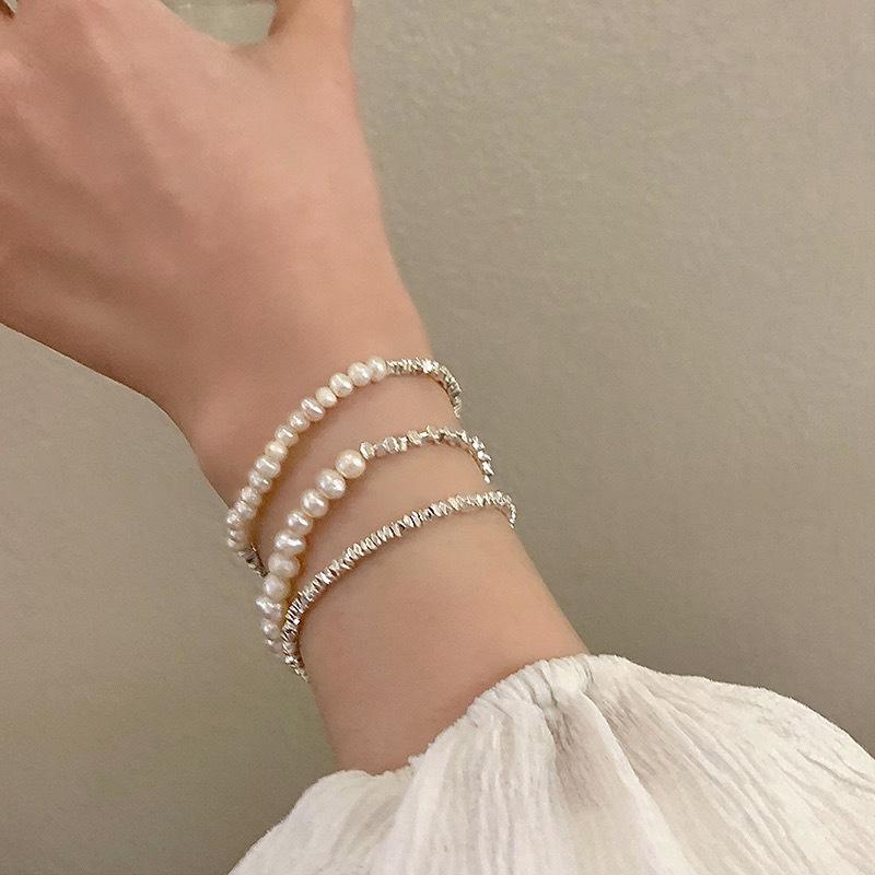 Silver Chip Baroque Pearl Bracelet for Women | Trendy Stackable Beaded Hand Accessory | Light Luxury Unique Delicate Daily Wear Hypoallergenic Plated Matching