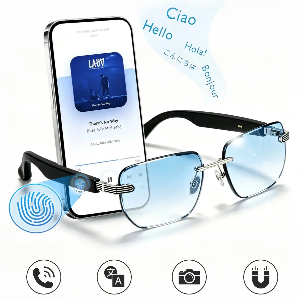 AI Smart Audio Sunglasses with Real-Time Translation, Bluetooth 5.4 Wireless Sound, Open-Ear Speakers, Hands-Free Calls, Music Playback, Touch Control, UV Protection, Cool Tech Gift for Men & Women